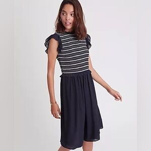 Ann Taylor Navy and White Ruffle Sleeve Midi Dress